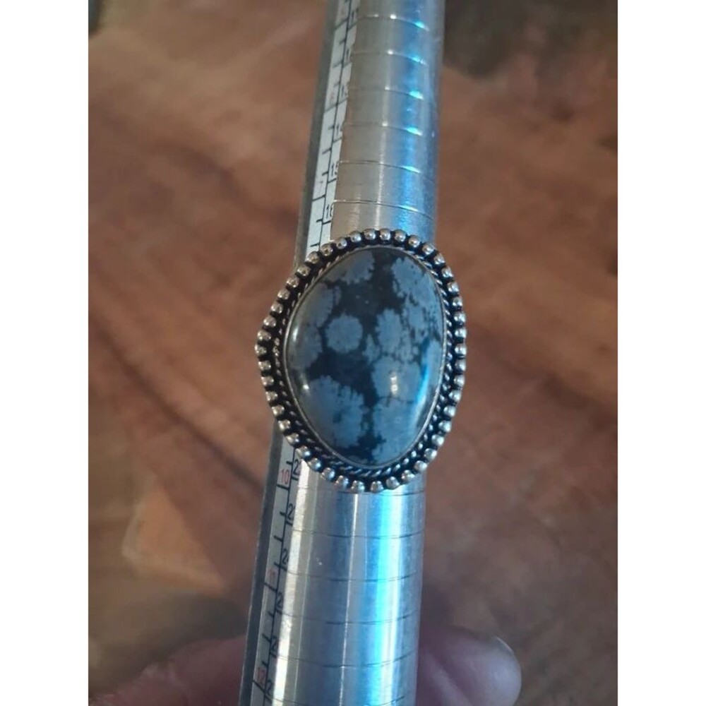 Bohemian Statement Jewelry New Beaded Border Snowflake Obsidian Oval Ring size 9
